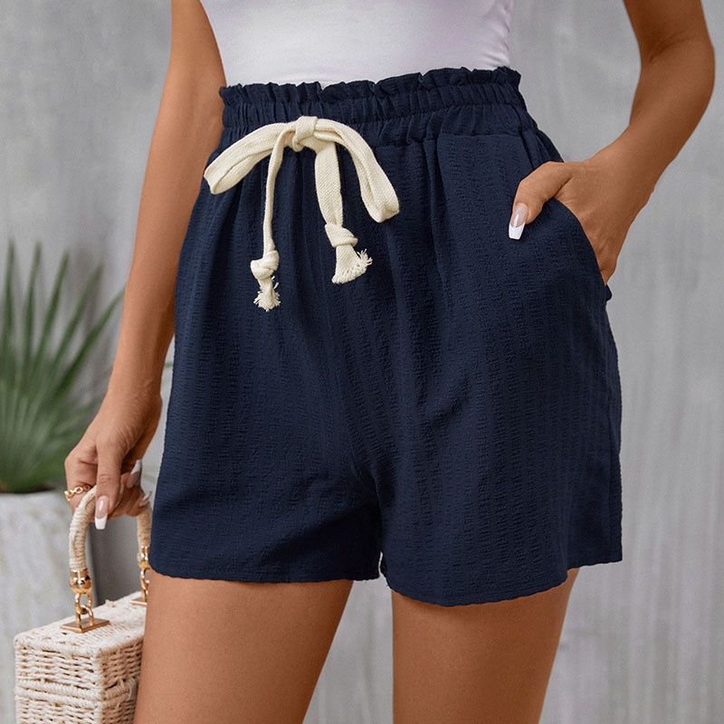 Women's Navy Blue Paperbag Waist Drawstring Casual Shorts