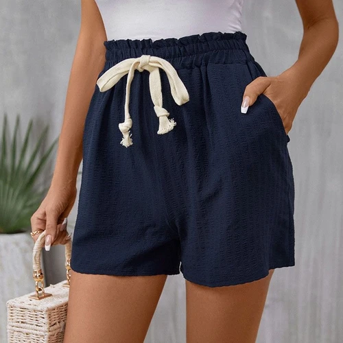 Women's Navy Blue Paperbag Waist Drawstring Casual Shorts