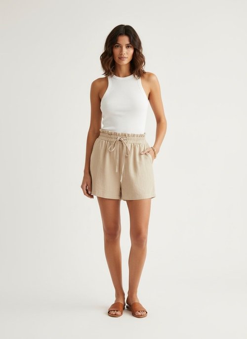 Beige Paperbag Waist Drawstring Casual Shorts
