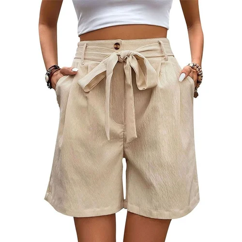Women's High Waist Tie Belt Pleated Wide Leg Shorts