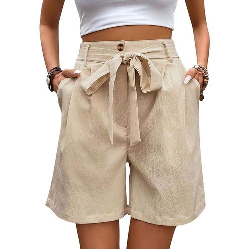 Short à jambes larges plissé, taille haute et ceinture à nouer pour femme