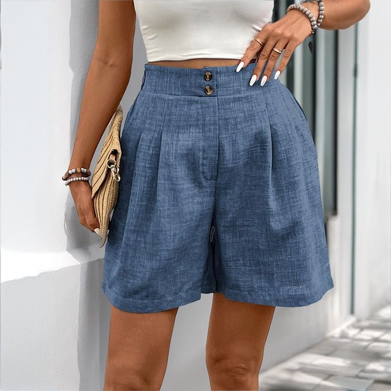 Pantalones cortos casuales de lino plisados de talle alto para mujer