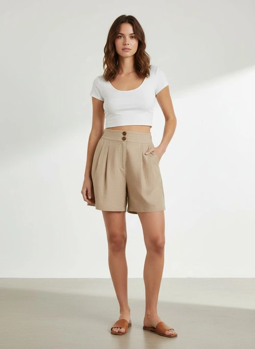 Short décontracté plissé taille haute pour femme en lin mélangé