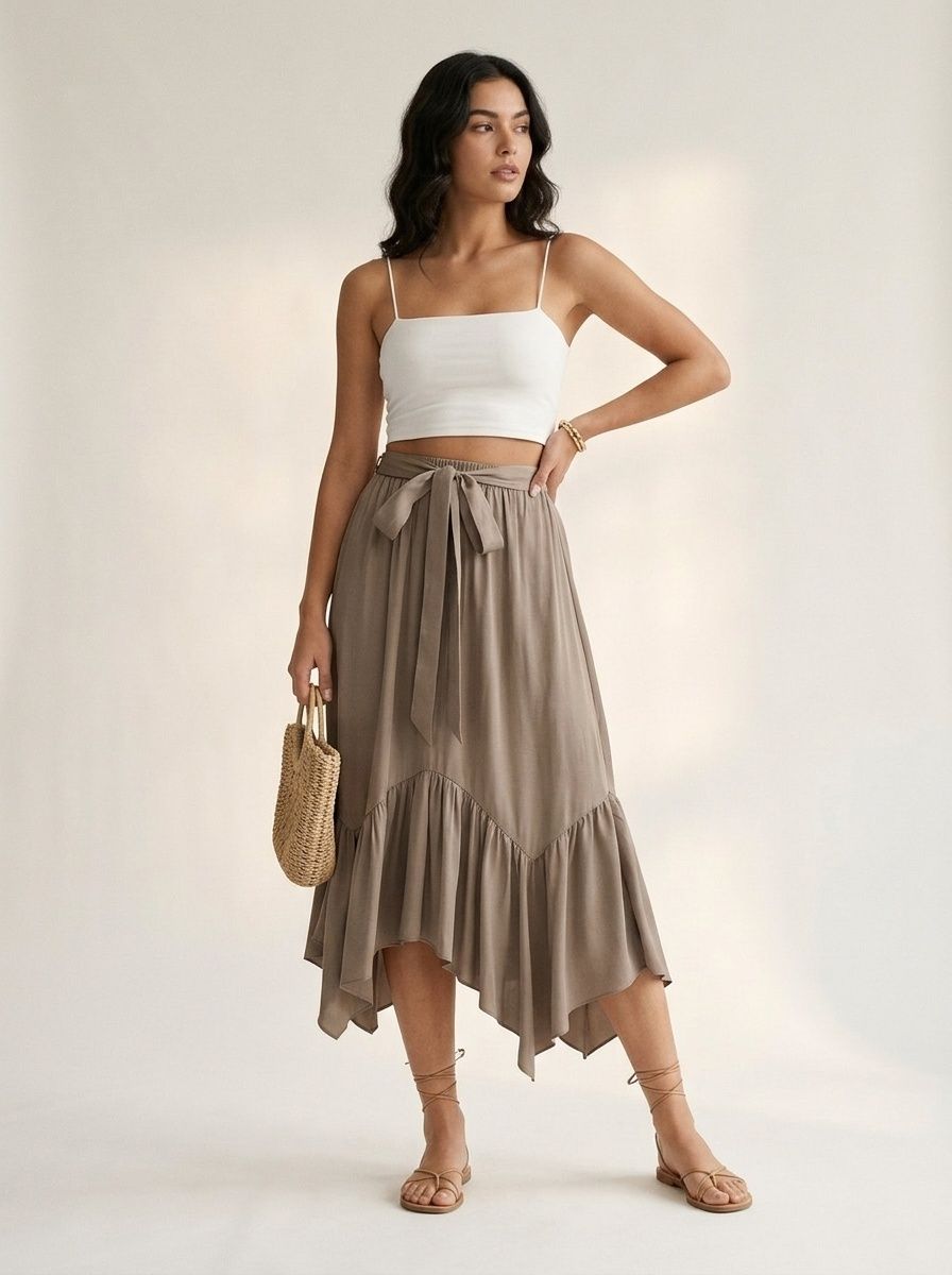 Taupe Ruffle Asymmetrical Hem Tie-Waist Midi Skirt