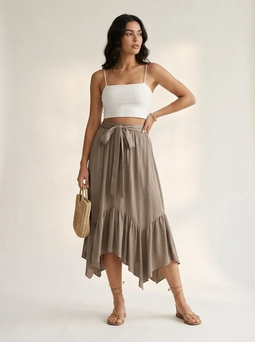 Taupe Ruffle Asymmetrical Hem Tie-Waist Midi Skirt