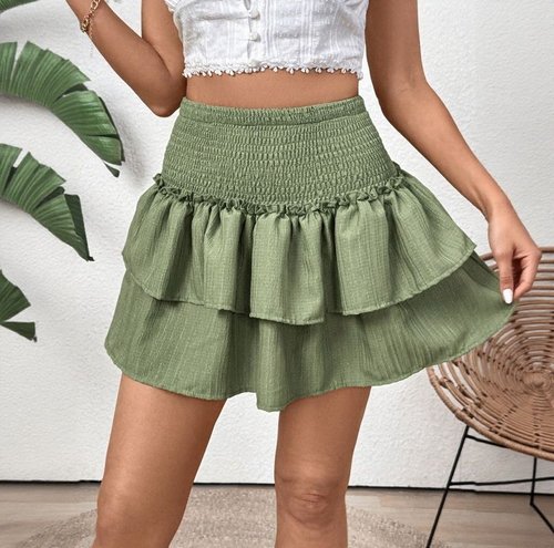 Army Green Shirred Ruffle Tiered Mini Skirt