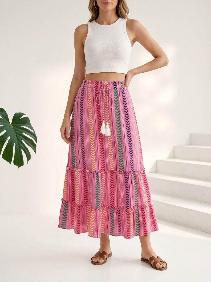 Falda larga estilo bohemio con volantes y rayas multicolores