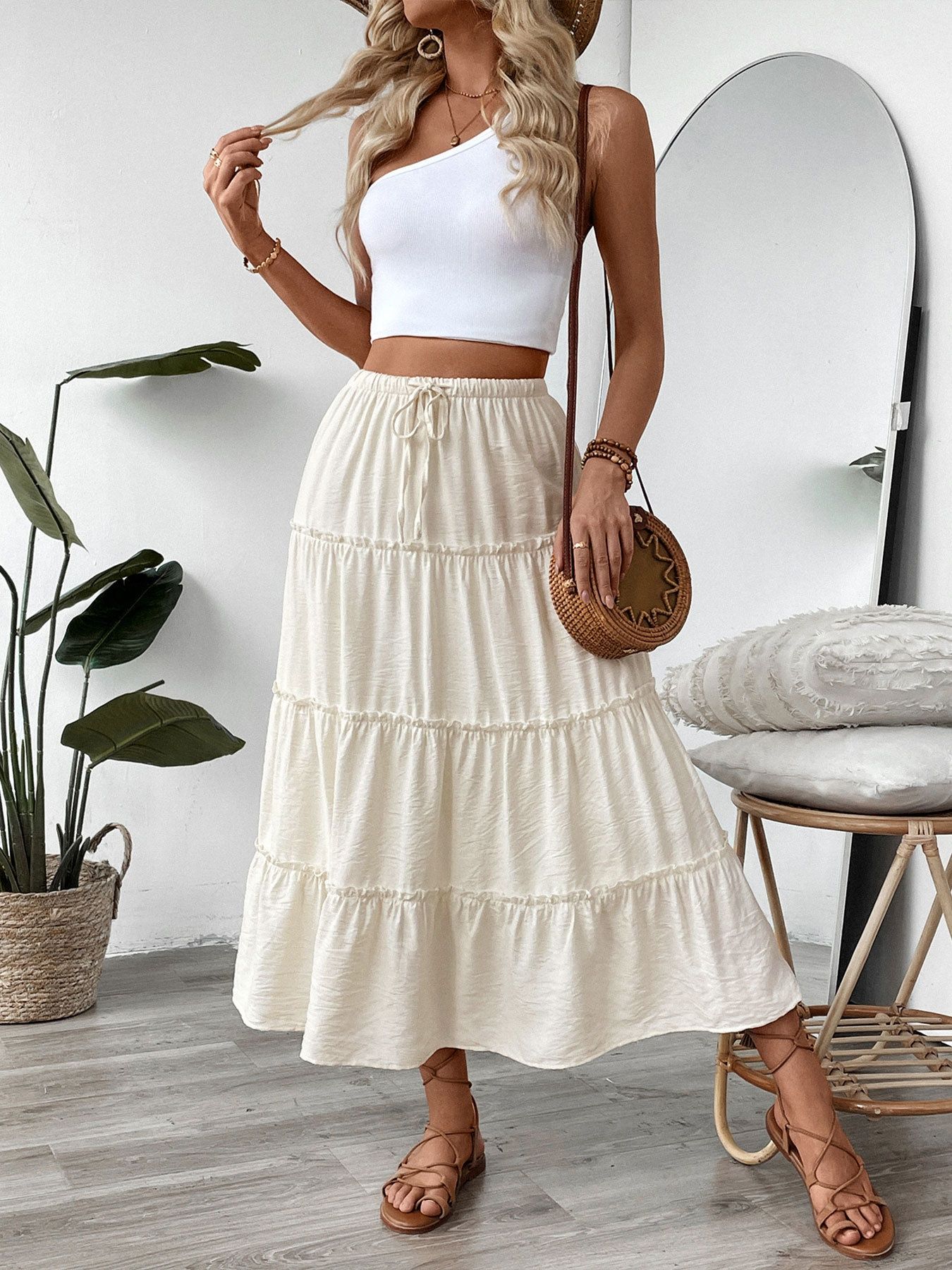 Falda larga estilo bohemio con volantes y cintura ajustable con cordón - Blanco roto