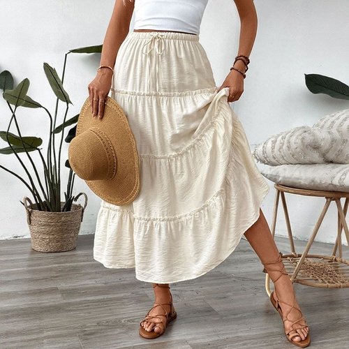 Boho Tiered Maxi Skirt with Drawstring Waist - Off-White