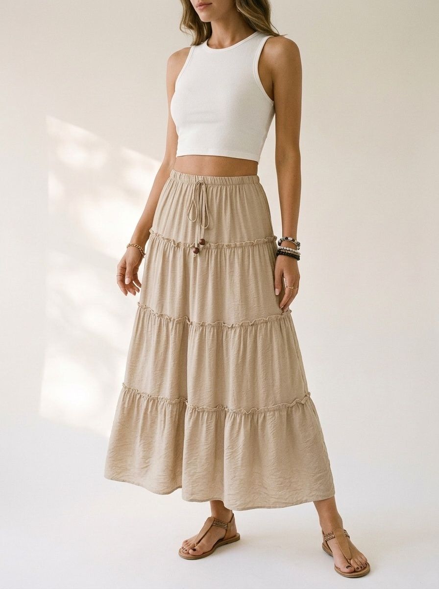 Jupe longue bohème à volants et taille à cordon