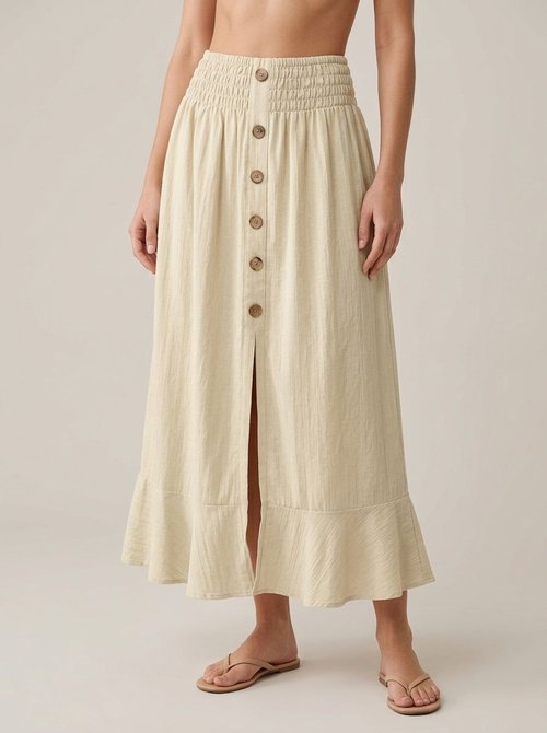 Boho Button Front Shirred Waist Maxi Skirt with Slit