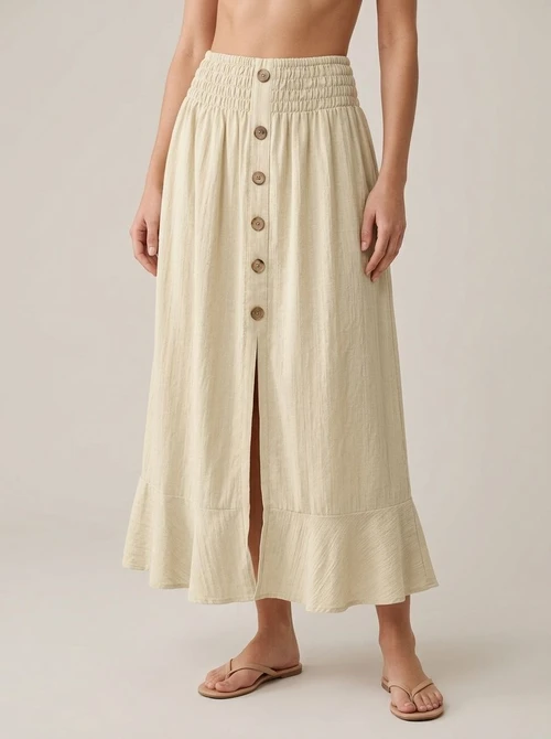 Jupe longue bohème boutonnée sur le devant, taille froncée et fente