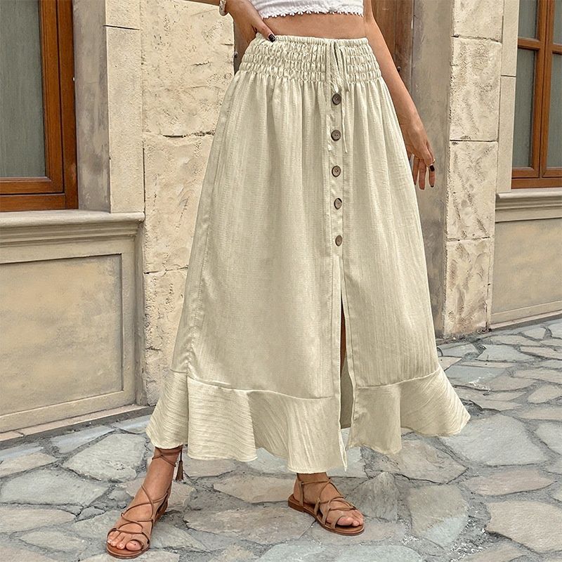 Falda larga bohemia con botones en la parte delantera, cintura fruncida y abertura.