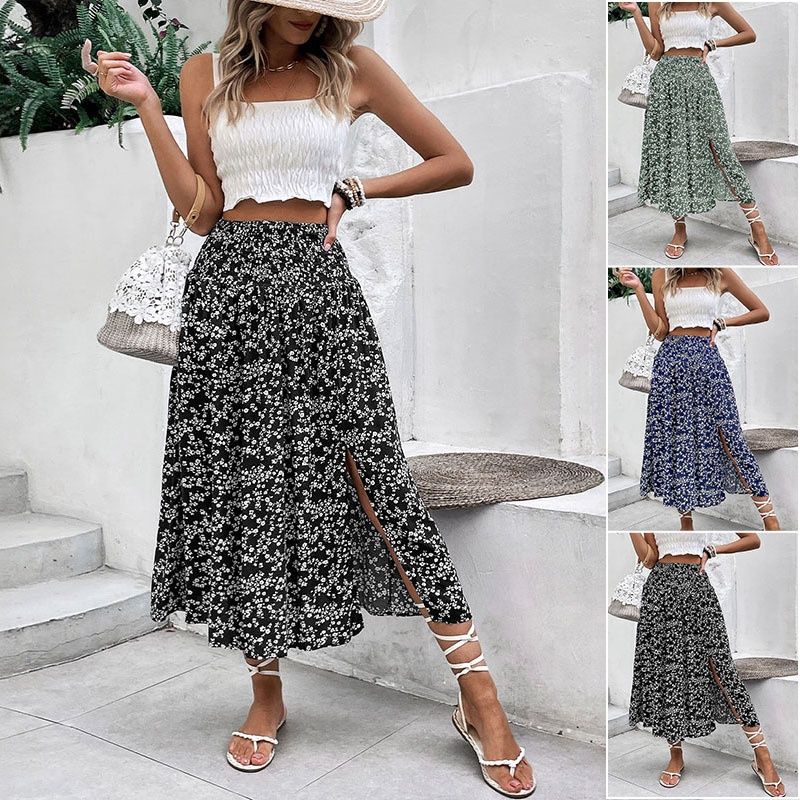 Falda midi de mujer con estampado floral y abertura, talle alto.