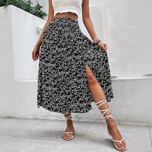 Women's High Waist Floral Print Slit Midi Skirt