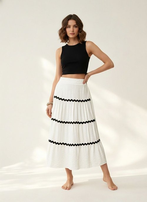 Boho Tiered Midi Skirt with Wavy Trim - Off-White