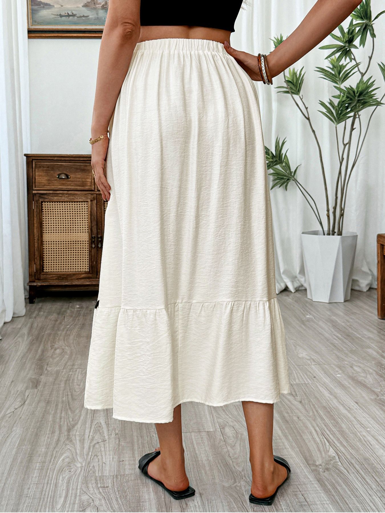 Falda midi bohemia escalonada con ribete ondulado - Blanco roto