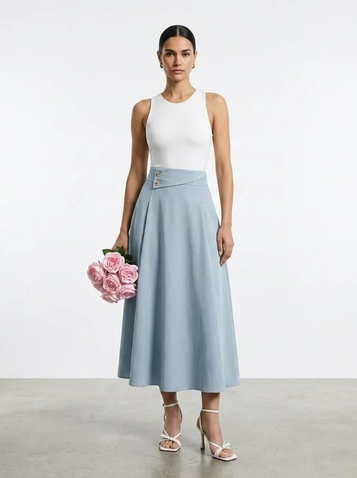 Light Blue High Waist A-Line Midi Skirt with Button Detail