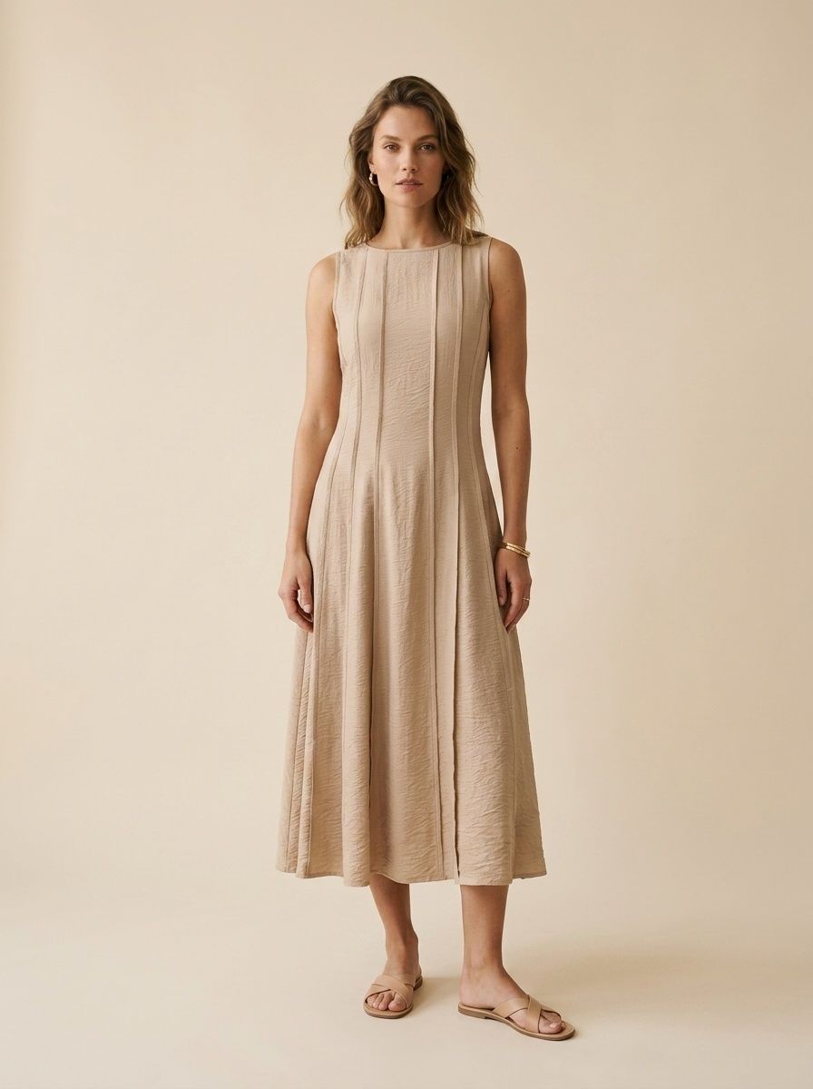 Robe longue plissée beige sans manches