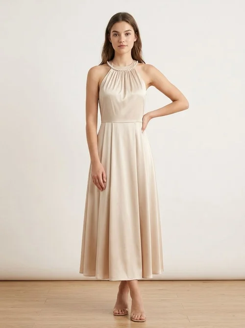 Champagne Satin Halter Maxi Dress with Pearl Neckline