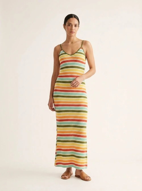 Robe longue bohème rayée en maille - Dos nu style été