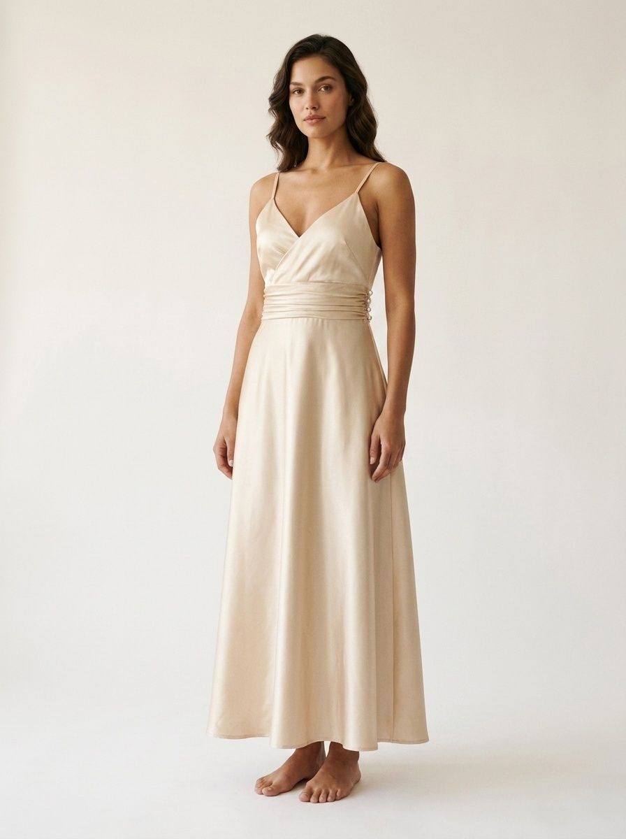 Robe nuisette midi élégante en satin champagne à col en V