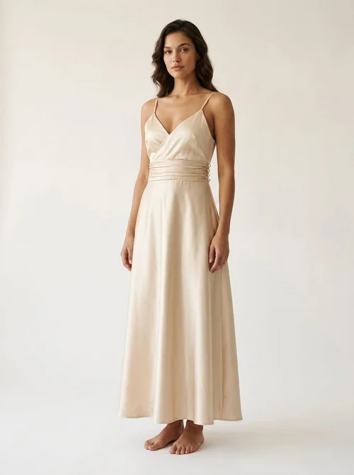 Elegant Champagne Satin V-Neck Midi Slip Dress