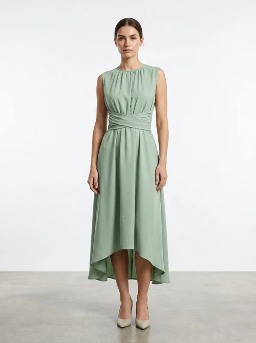 Sleeveless High-Low Hem Belted Midi Dress