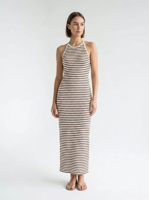 Striped Halter Backless Knit Maxi Dress