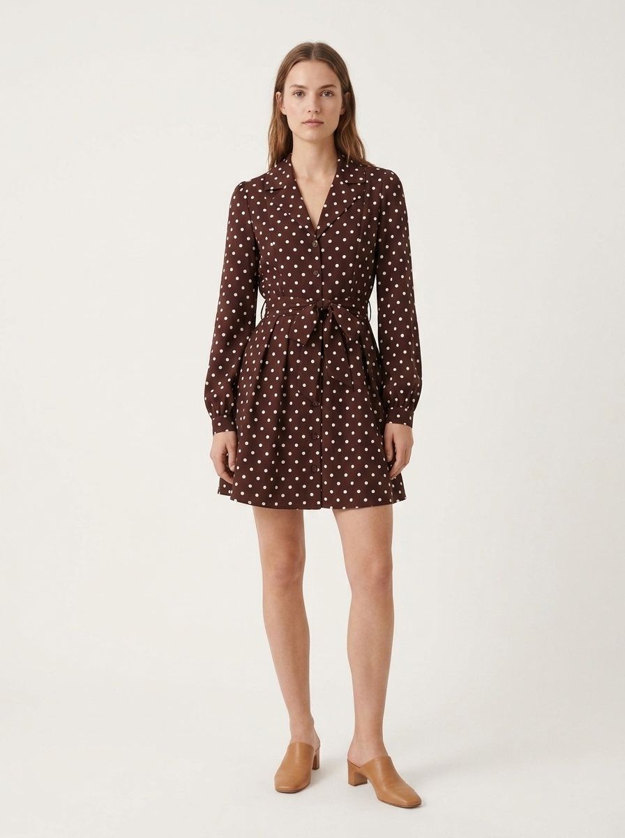 Brown Polka Dot Long Sleeve Belted Shirt Dress