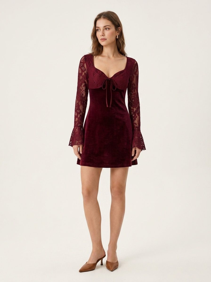 Burgundy Velvet Lace Long Sleeve A-Line Mini Dress