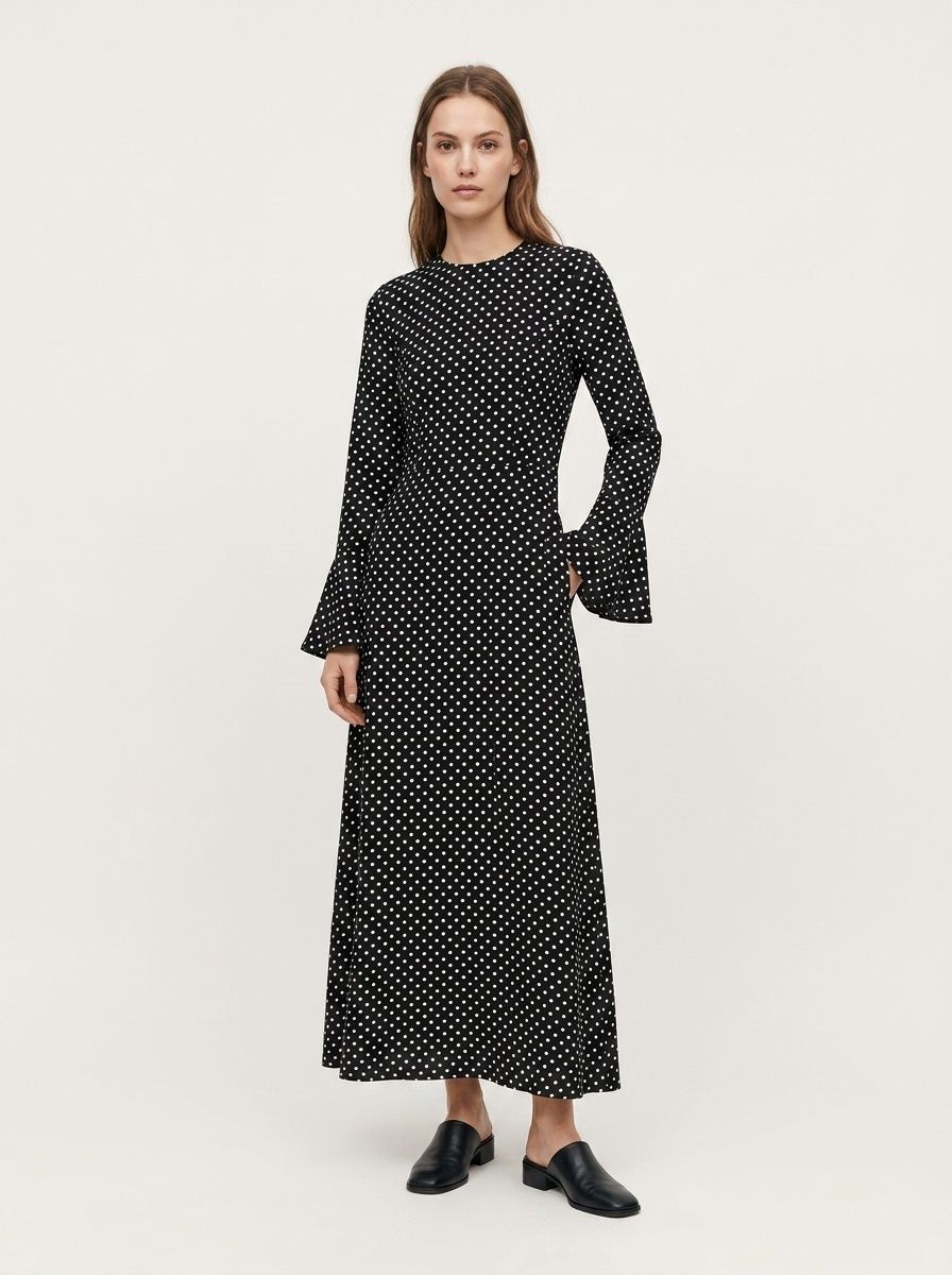 Black Polka Dot Backless Bell Sleeve Maxi Dress