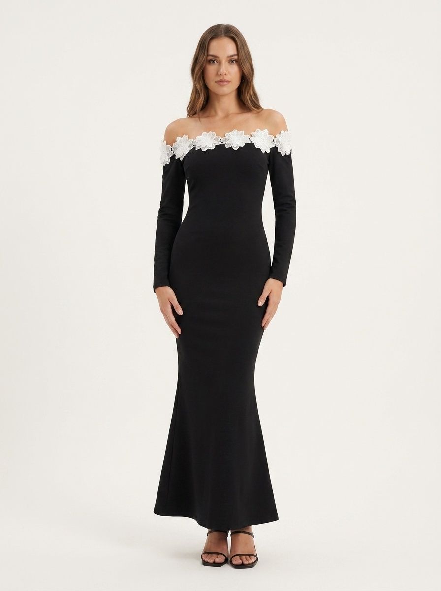 Off-Shoulder Floral Lace Long Sleeve Maxi Dress