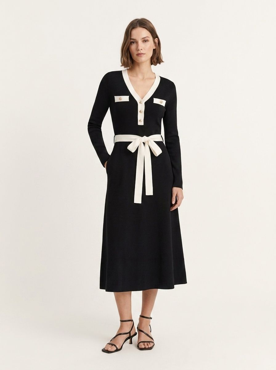 Contrast Trim V-Neck Long Sleeve Midi Knit Dress