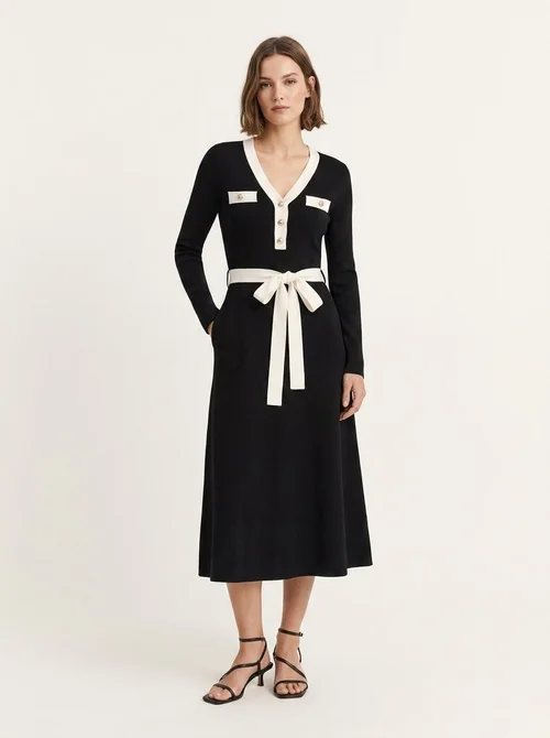 Contrast Trim V-Neck Long Sleeve Midi Knit Dress