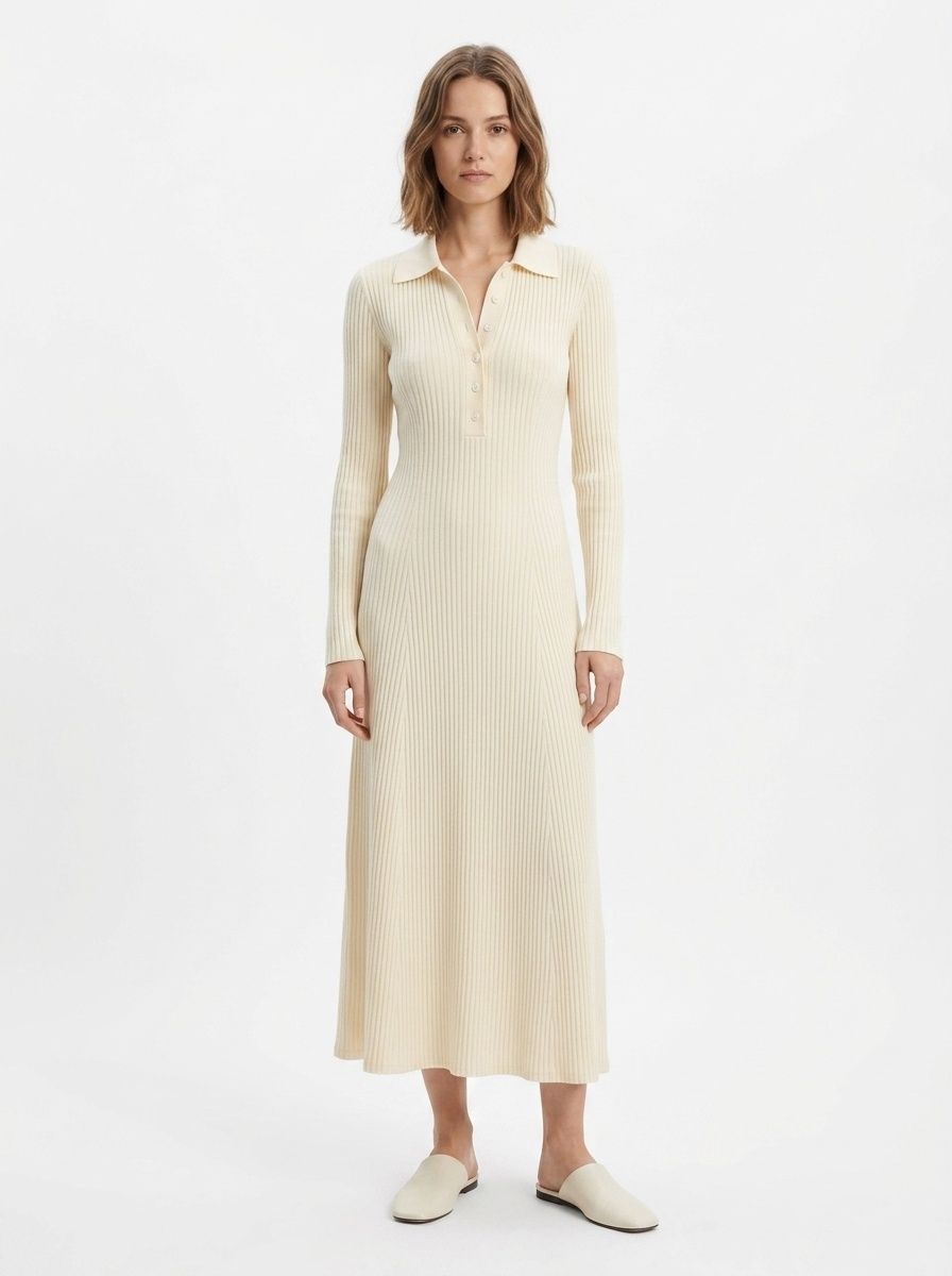 Long Sleeve Ribbed Knit Polo Collar Midi Dress