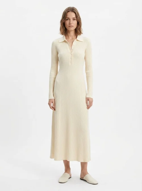 Long Sleeve Ribbed Knit Polo Collar Midi Dress