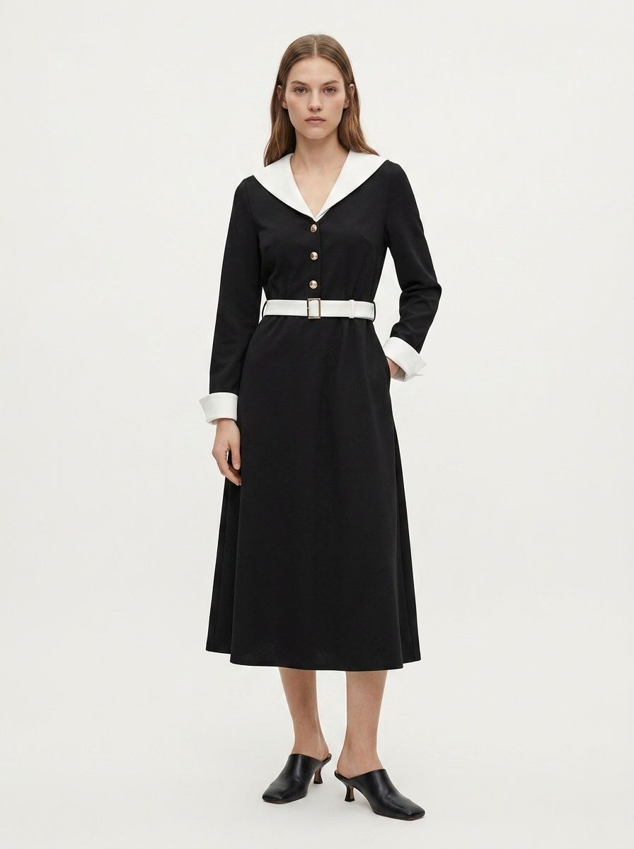 Contrast Collar Long Sleeve Belted Midi Dress