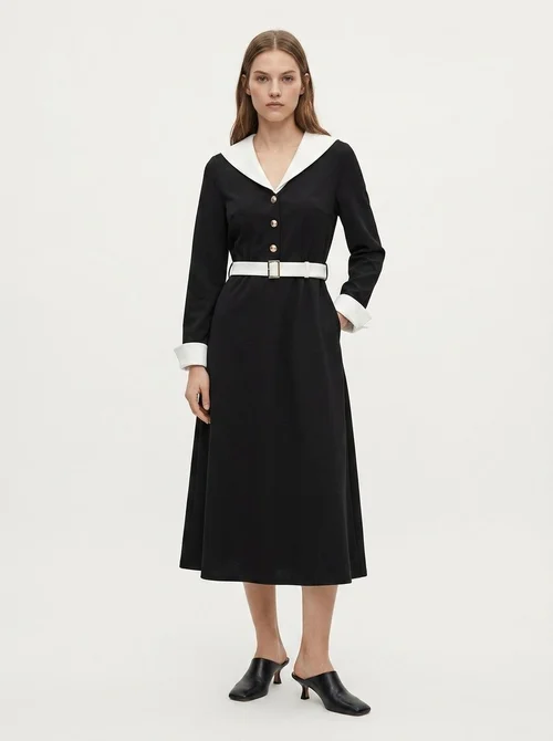 Contrast Collar Long Sleeve Belted Midi Dress