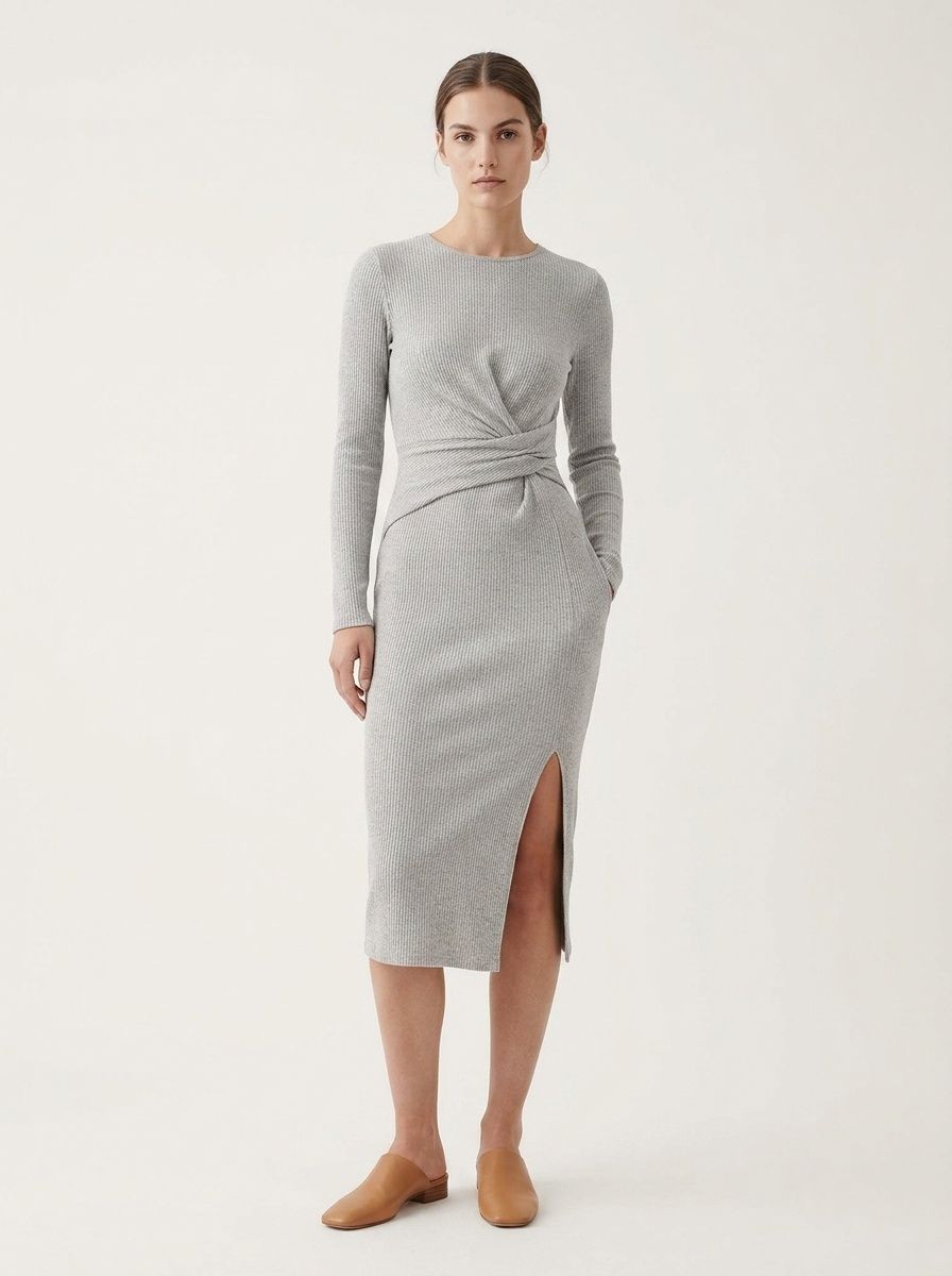 Ribbed Twist Front Long Sleeve Midi Dress