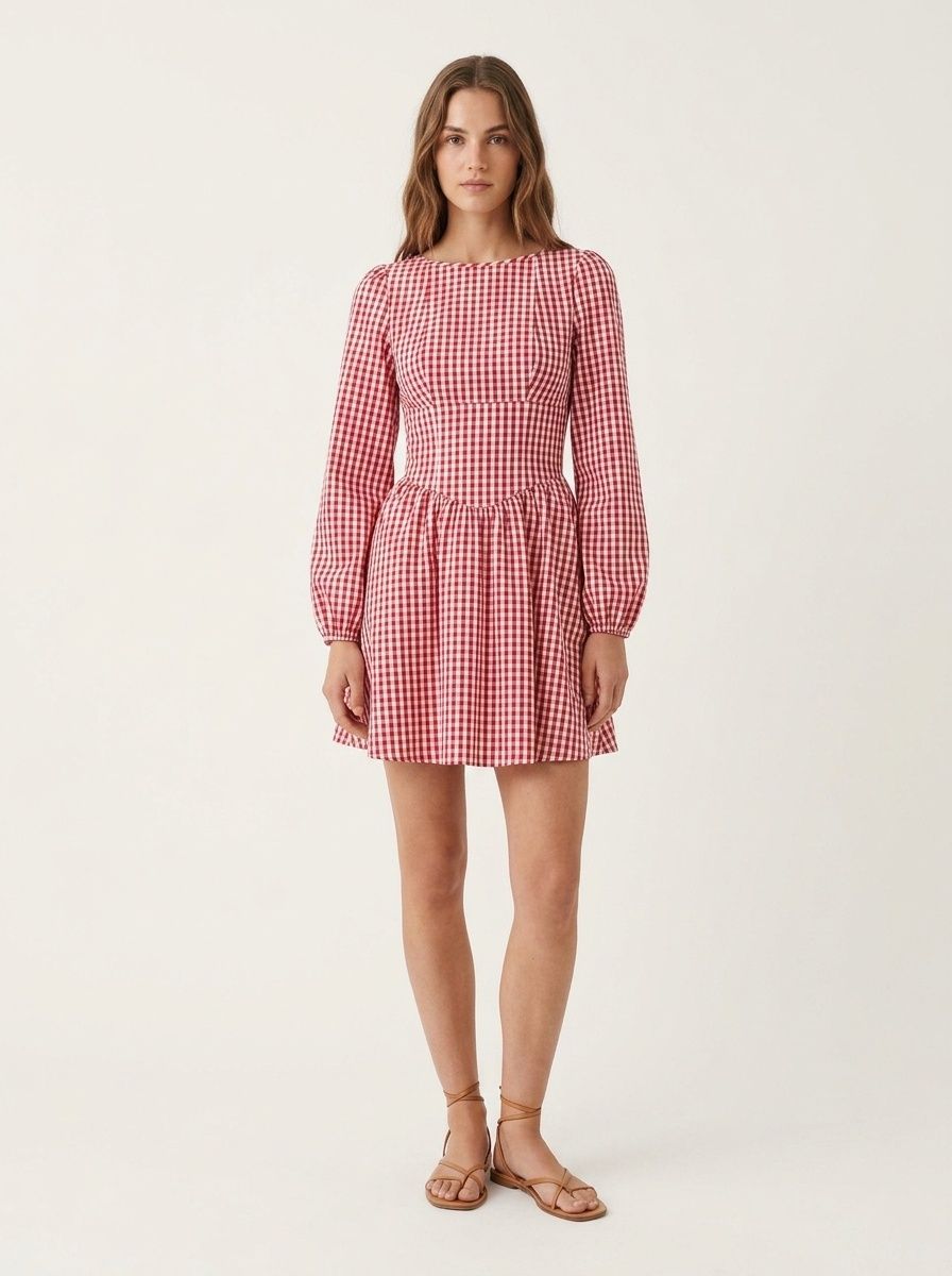 Red Gingham Open Back Long Sleeve Mini Dress