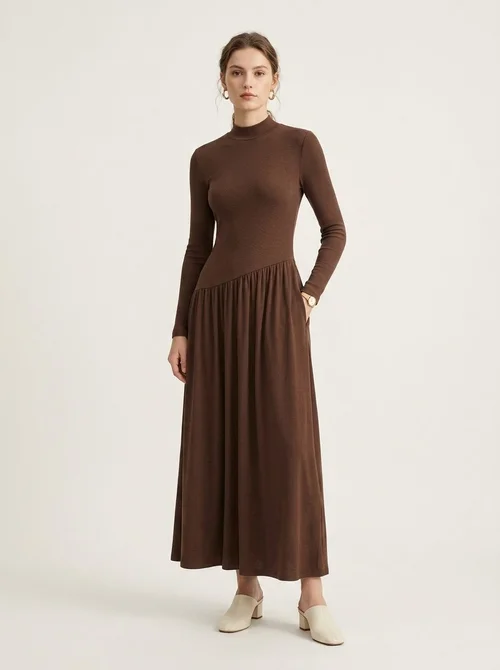 Women's Ribbed Mock Neck Asymmetrical Drop Waist Maxi Dress
