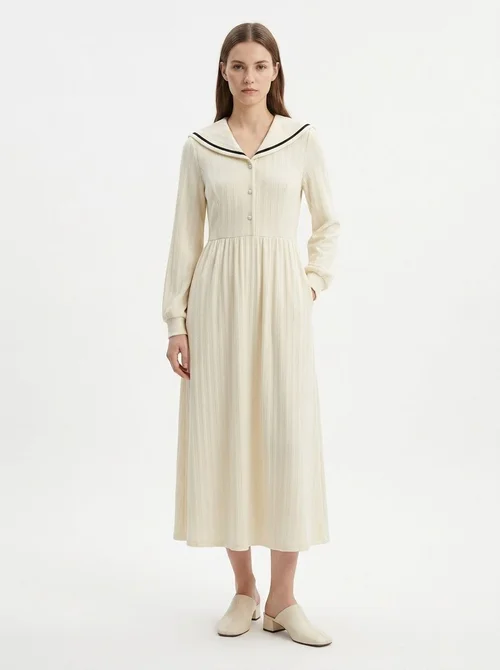 Ribbed Sailor Collar Long Sleeve Midi Dress
