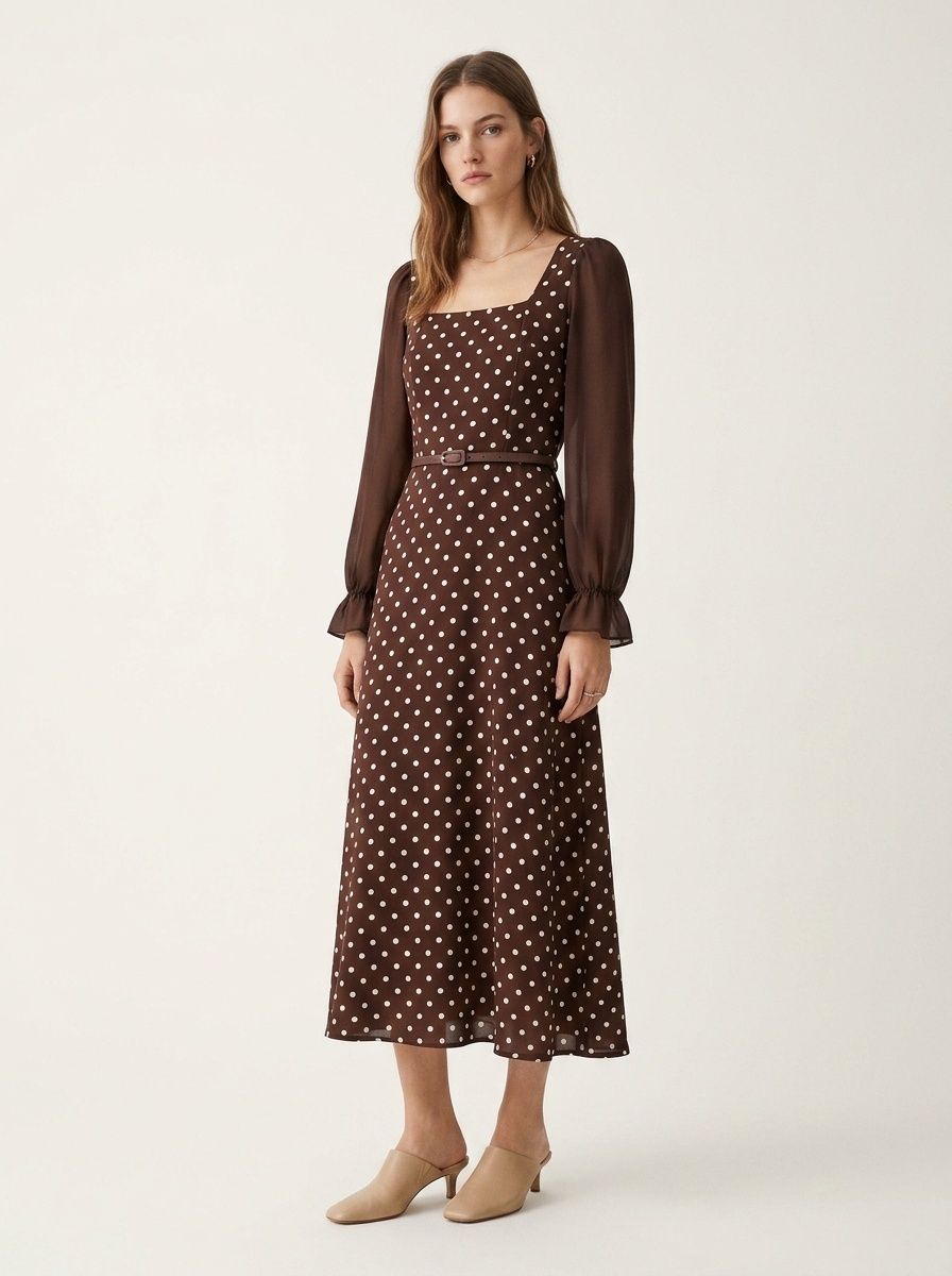 Brown Polka Dot Square Neck Long Sleeve Maxi Dress