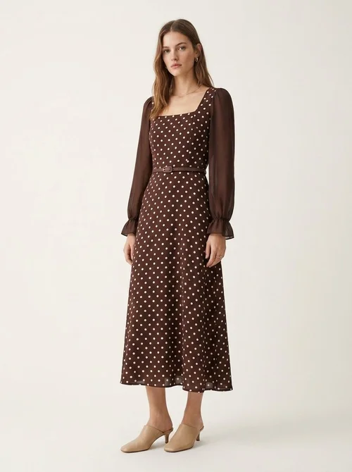 Brown Polka Dot Square Neck Long Sleeve Maxi Dress
