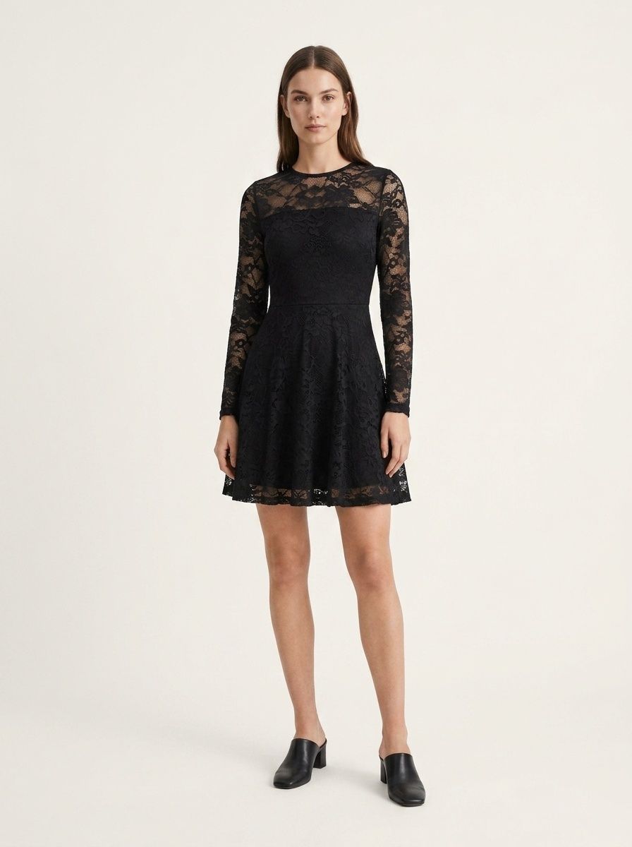 Women's Black Floral Lace Long Sleeve A-Line Mini Dress