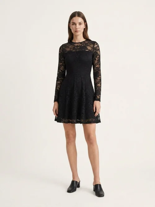Women's Black Floral Lace Long Sleeve A-Line Mini Dress