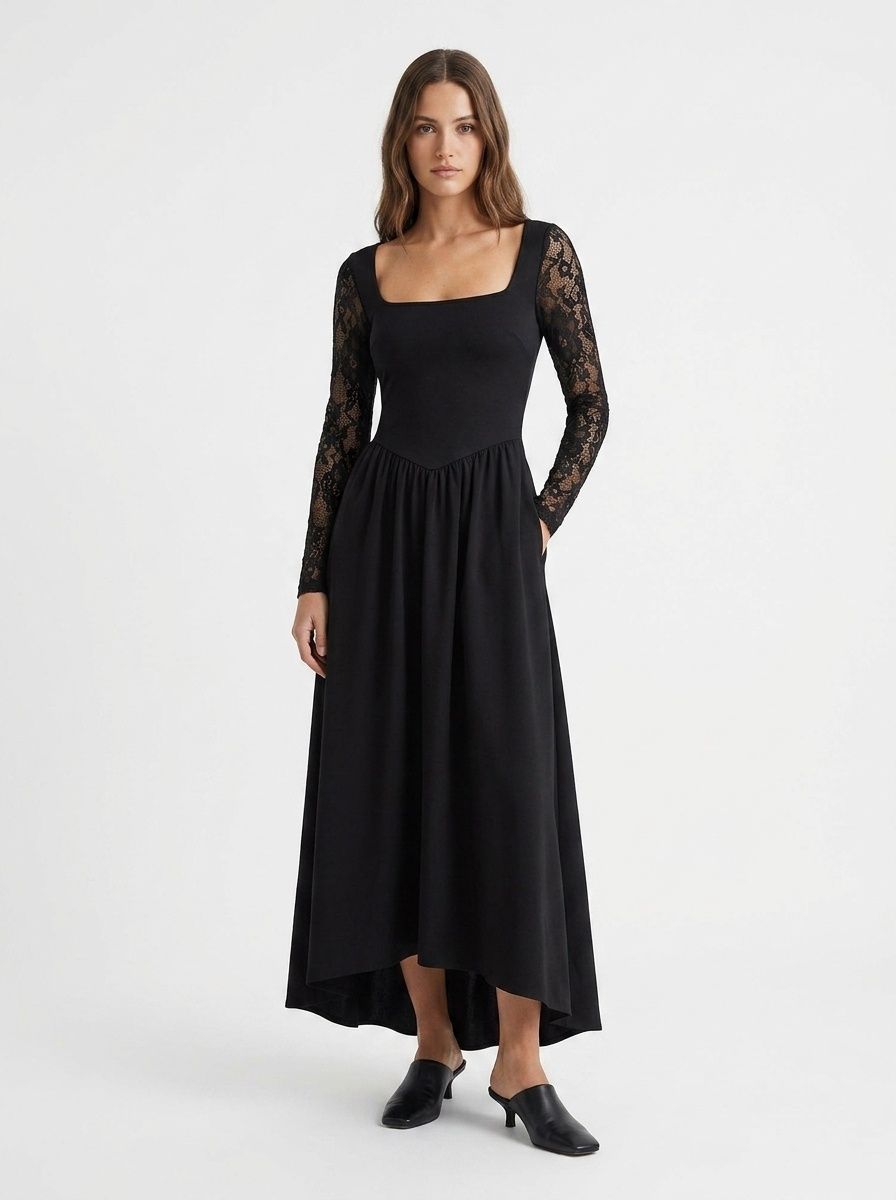 Women's Black Square Neck Lace Sleeve Maxi Dress