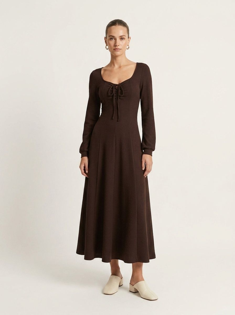 Lace-Up Long Sleeve Textured Maxi Dress in Dark Brown