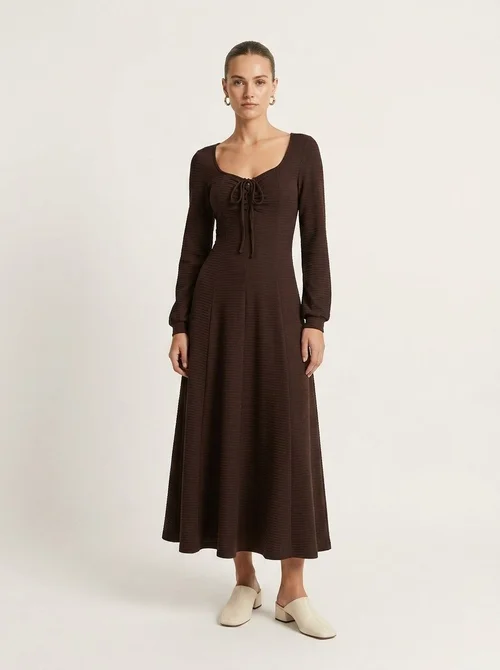 Lace-Up Long Sleeve Textured Maxi Dress in Dark Brown